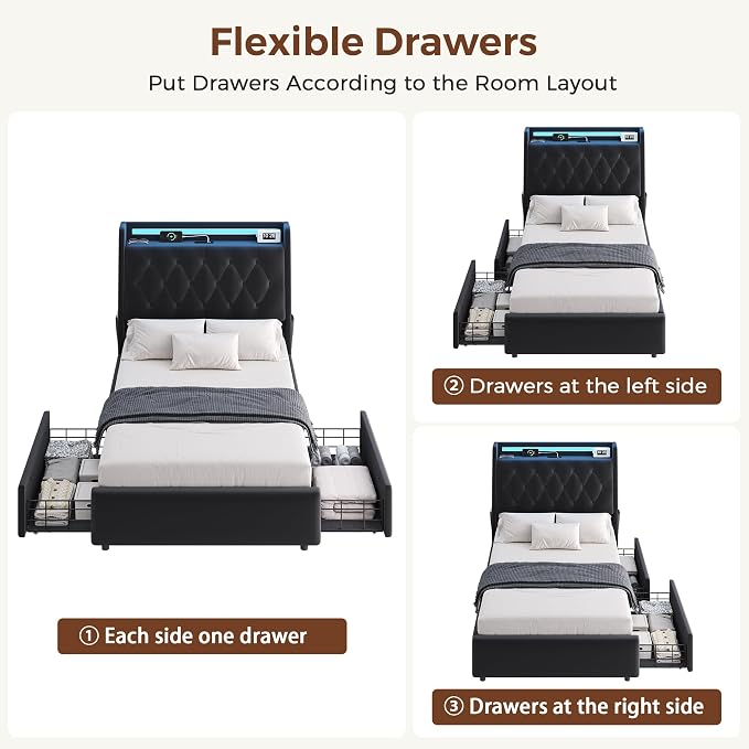 Twin LED Velvet Bed Frame with 2 Storage Drawers&Hidden Headboard, Upholstered - Image 6