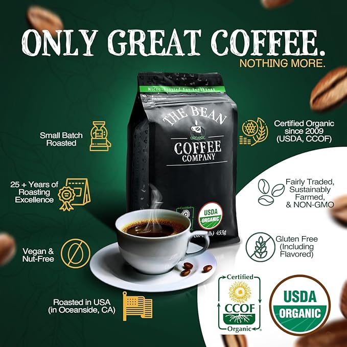 The Bean Organic Coffee Company Holiday Bean (Vanilla Cinnamon Spice), Medium Roast, Ground Coffee, 16-Ounce Bags (Pack of 2),Café molido tostado organico