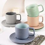 Large Cappuccino Cups with Saucers Set of 4, 8 Ounce Stackable Embossed Ceramic Coffee Mugs for Specialty Coffee Drinks, Latte, Cafe Mocha and Tea, Dishwasher & Microwave Safe (Mix)