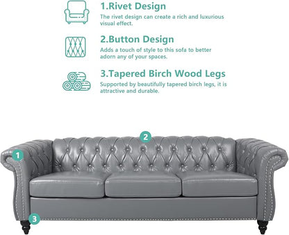 Chesterfield 3 Seater Sofa, Modern Leather Tufted Couch 3 Seater - Image 6