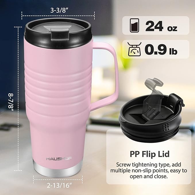 HAUSHOF 24 oz Travel Mug with Handle, Stainless Steel Vacuum Insulated Coffee Double Wall Travel Mugs with Leakproof Lid, BPA Free