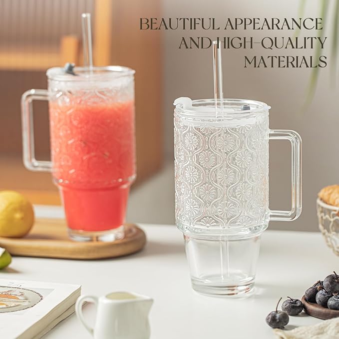 KEMORELA 2 Pack 24oz Glass Tumbler with Straw and Lid - Iced Coffee Cups with Handle, Reusable Smoothie Cup for Cold Drinks, Begonia Pattern, Dishwasher Safe