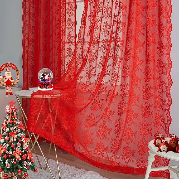 YJ YANJUN Vintage Lace Curtains 84 Inches Long-Victorian Floral Pattern Red - Image 4