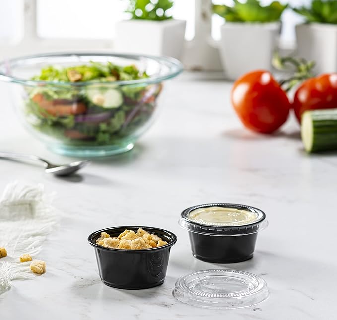 (2 oz - 100 Sets) Black Diposable Plastic Portion Cups With Lids, Small Mini Containers For Portion Controll, Jello Shots, Meal Prep, Sauce Cups, Slime, Condiments, Medicine, Dressings, Crafts