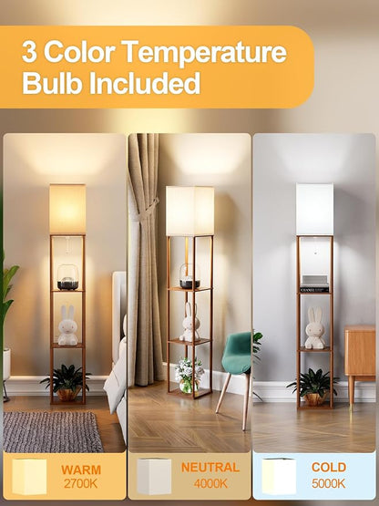 Floor Lamp with Shelves for Living Room Walnut Brown, Shelf Floor Lamp with 3 - Image 3