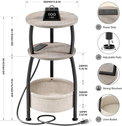 Small Side Table with Charging Station, Round End Table with Basket, USB Port - Image 3