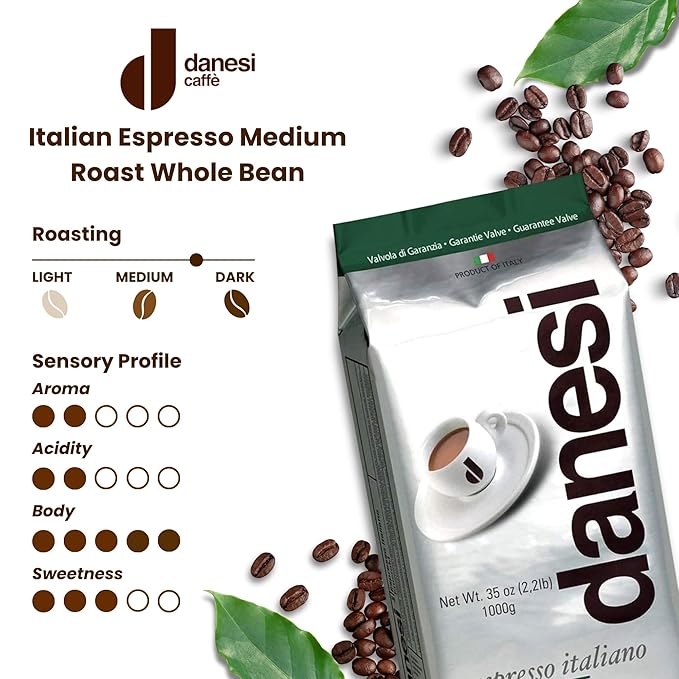 Danesi Caffe Italian Whole Coffee Beans - Espresso Coffee Beans and Medium Roast Whole Bean - Perfect for Espresso Machines, French Press, and Home Brewing - Emerald (2.2 lb)