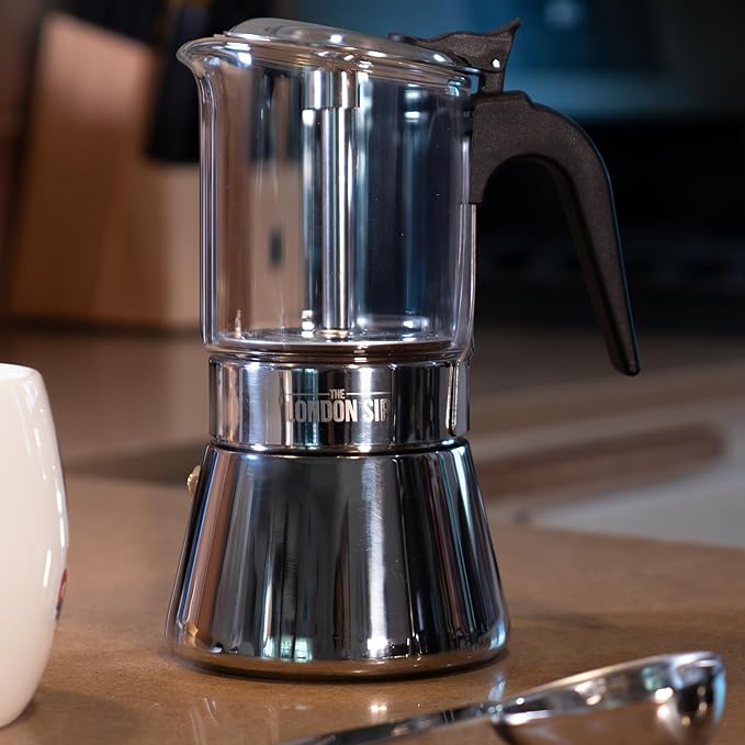London Sip Glass and Stainless Steel Stovetop Espresso Maker Moka Pot Italian Coffee Percolator, Glass, Small (5.07 oz)
