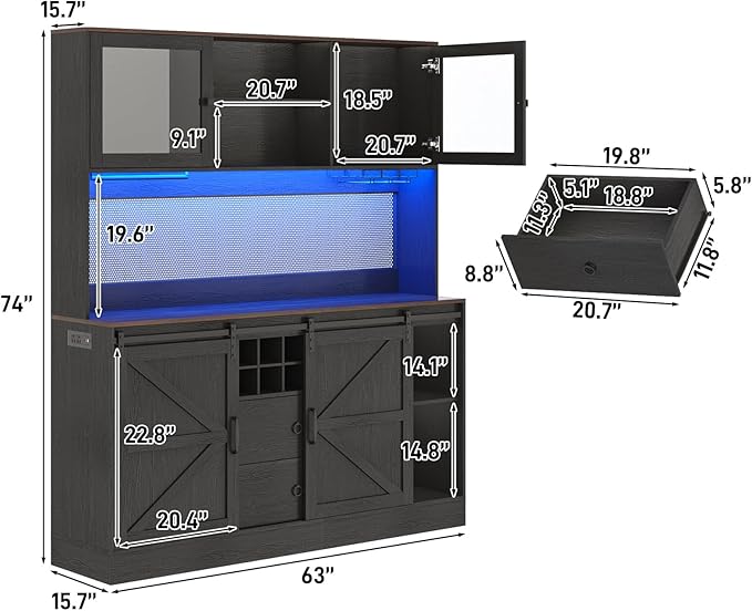 74" Tall 63" Wide Larg Bar Cabinet w/ Outlet,6000-color LED Light,Pegboard,Farmhouse Hutch Bar Cabinet w/Barn Door,2 Big Drawers,Adjustable Shelves,10 Wine & Glasses Rack,5 Hook for Kitchen,Black