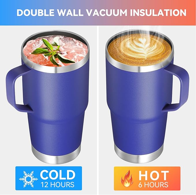 VEGOND 20 oz Tumbler Bulk with Handle Lid and Straw, Stainless Steel Insulated Travel Coffee Mug Set, Spill Proof Double Wall Metal Tumblers Cups, Powder Color Royal Blue 12 Pack