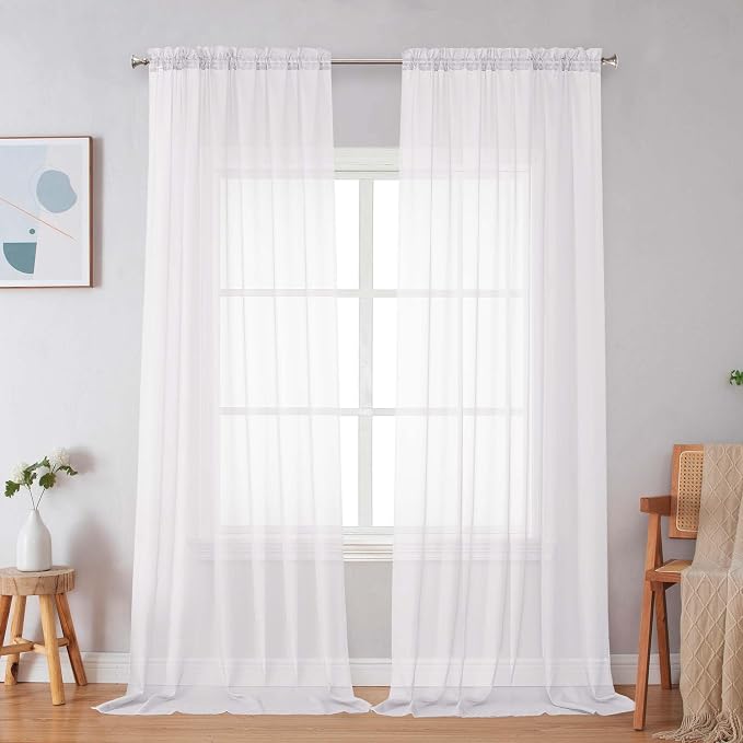 Simplebrand Sheer White Curtains 96 Inches Long, Light Filtering Rod Pocket by Simplebrand