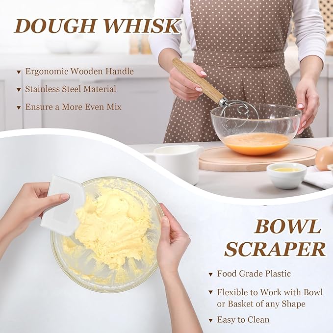 Sourdough Bread Baking Supplies, Sourdough Starter Kit, 9 Inch Round & 10 Inch Oval Banneton Bread Proofing Basket with 24 Oz Glass Jar, Sour Dough Tools with Danish Dough Whisk & Scraper