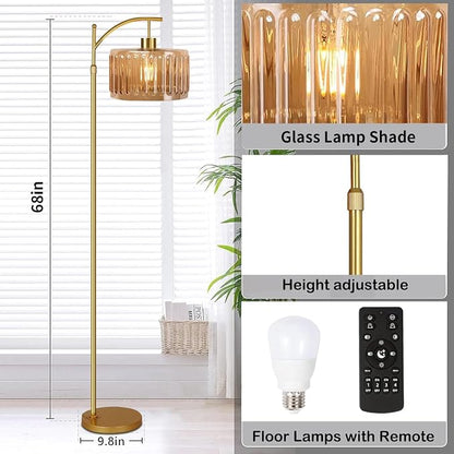 ILLMTW Glass Floor Lamp for Living Room, Dimmable Brass Tall Lamp Amber Flower - Image 5