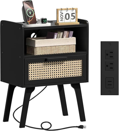 Lerliuo Rattan Nightstand with Charging Station, Cane Accent Side End Table by Lerliuo