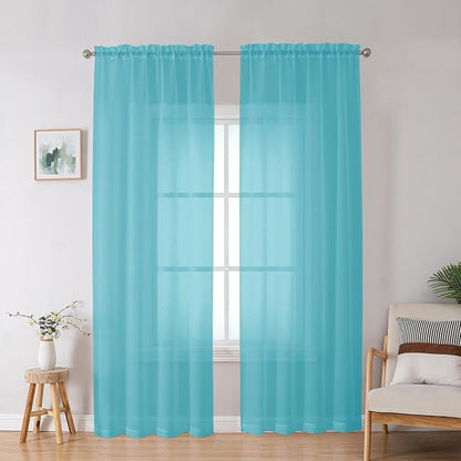 Aqua Sheer Curtains for Bedroom Living Room 90 Inches Long, Elegant Solid Light by OWENIE