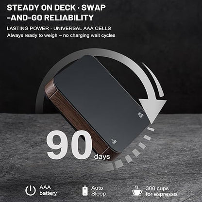 KitchenTour CaféMetric Coffee Scale with Timer 0.1g/2000g - Precision Scale for Espresso & Pour Over - Water Flow Speed Mode and Coffee Powder-to-Liquid Ratio Mode - Rechargeable, LCD Display-Wood