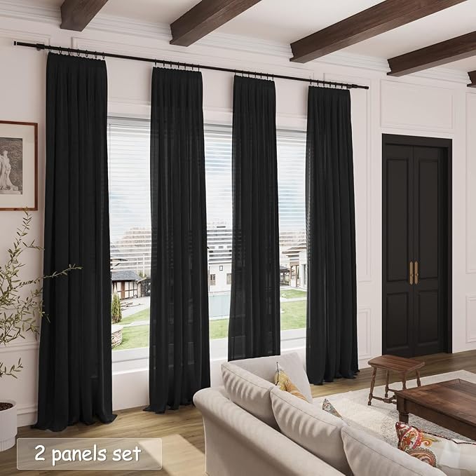Black Curtains 95 Inches Long 2 Panel Set Back Tab Sheer Black Linen Curtain - Image 6