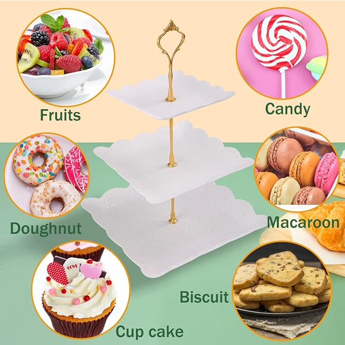 ShellKingdom 2 Pack Cupcake Stand, 3 Tier Serving Tray Cupcake Dessert Candy Fruit Display Holder for Wedding, Christmas, Baby Shower Birthday Tea Party (Square)