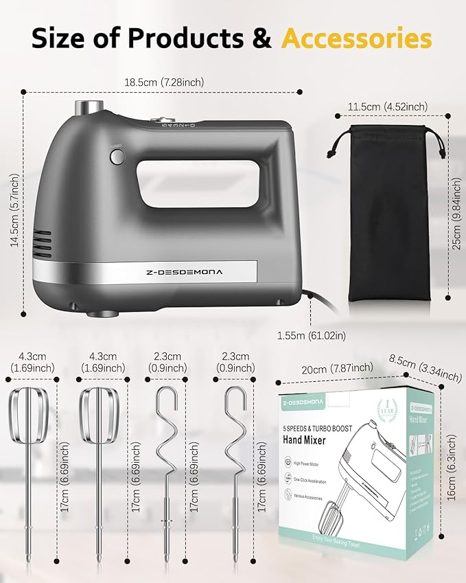 Electric Hand Mixer, Powerful Hand Mixer Electric Handheld with 304 Beaters, Dough Hook,Hand Held Mixer with Turbo for Baking Cakes, Eggs, Cream Food(Grey)