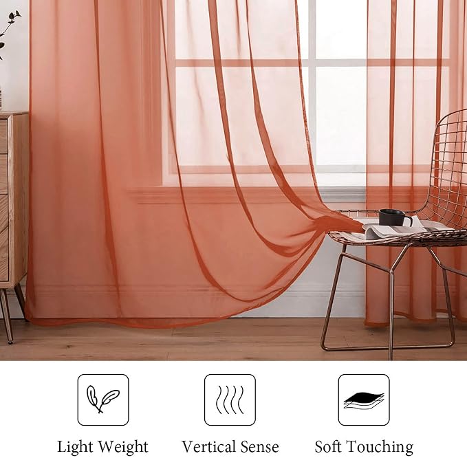 MIULEE Fall Burnt Orange Sheer Curtains 54 X 84 Inches, 2 Panels | Solid Color - Image 4