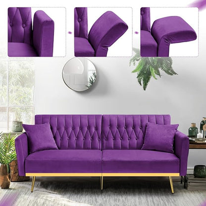 70” Velvet Futon Sofa Bed with 2 Pillows and Adjustable Armrests, Convertible - Image 4