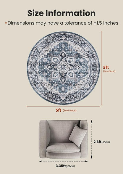AMADA HOMEFURNISHING Round 5ft Area Rugs, Low-Profile Washable Rug - Image 2