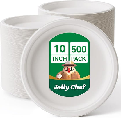 JOLLY CHEF Compostable Heavy Duty Plates 𝟭𝟬 𝗜𝗻𝗰𝗵 [𝟱𝟬𝟬 𝗣𝗮𝗰𝗸] Eco-Friendly Disposable White Paper Plates Made of Bagasse Biodegradable Bulk for Party Dinner Sugarcane Thanksgiving Day