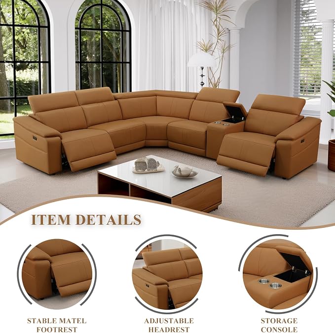 Power Recliner Sectional Sofa, L-Shaped Living Room Furniture Set, Light Brown - Image 4