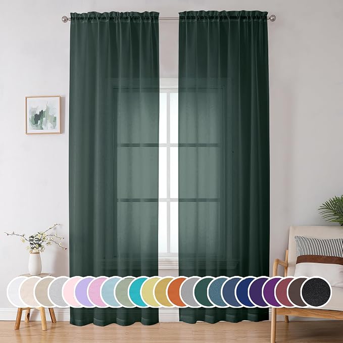 Green Sheer Curtain 96 Inches Long 2 Panels Set by OWENIE