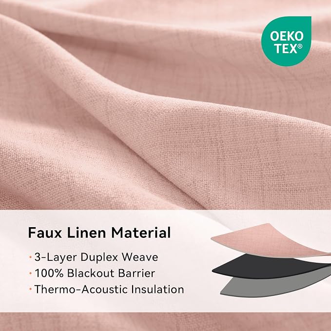 100% Blackout Linen Textured Curtains 96 Inch Long, Blush Pink | 100% Blackout - Image 4