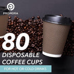 Promora Brown Disposable Coffee Cups With Lids 12 oz, Premium Insulated Paper Ripple Cups for Hot Coffee, Paper Cups 12 oz Coffee Cups 12 oz, Paper Coffee Cup with Lids (80 Pack)