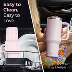 40 oz Tumbler With Handle and Straw Made of Stainless Steel - Double Wall Vacuum Insulated Tumbler With Lid - Sweat Proof Easy Grip, BPA-Free, Dishwasher Safe Tumbler (Rose Quartz)