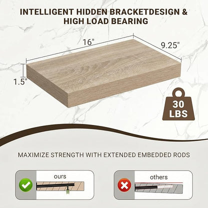 Acovy 16 Inch Floating Shelves, 3D Textured Wood Grain, Wooden Shelves - Image 3