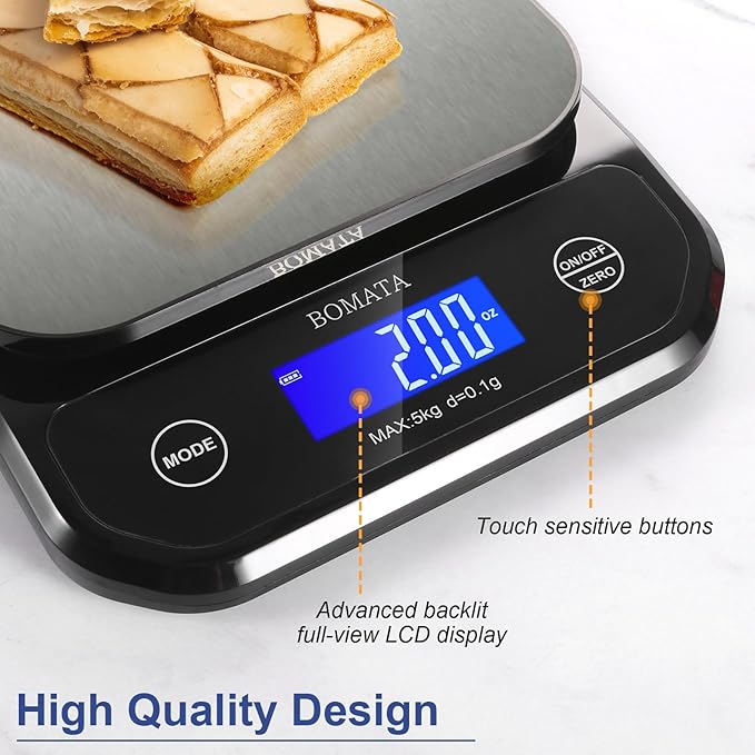 BOMATA Waterproof Kitchen Scale, 0.1g/0.01oz High Precision, 5kg/11lb, Washable, USB Rechargeable, Digital Scale for Food,Cooking, Baking, Weight Loss