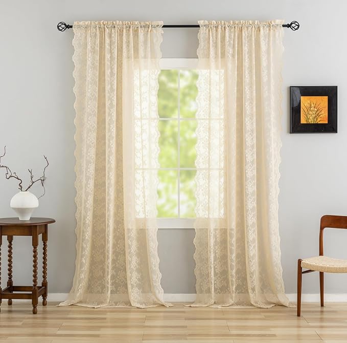 YJ YANJUN Vintage Lace Curtains 96 Inches Long-Victorian Floral Beige Sheer - Image 2