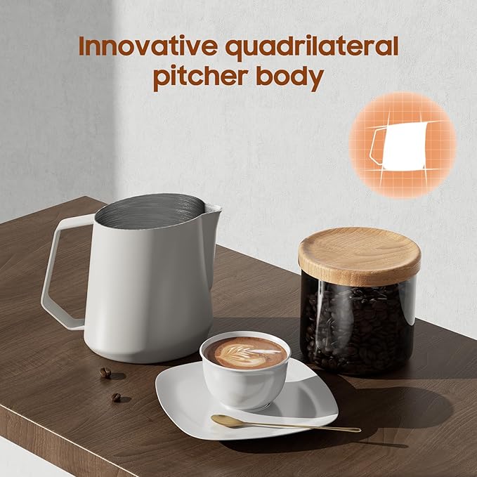 MHW-3BOMBER Milk Frothing Pitcher - 20oz/600ml Milk Frother Cup with U-Shaped Spout - SUS 304 Steaming Pitcher - Cappuccino Latte Art Cup for Barista - Quadrilateral Body - P5185-OS
