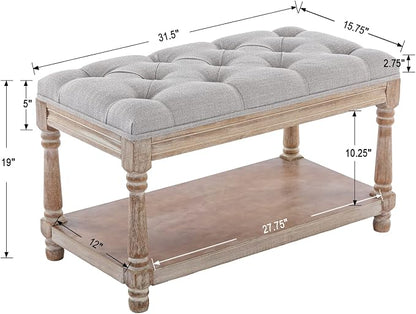 Farmhouse Storage Bench Wooden Entryway Linen Upholstered Ottoman Button Tufted - Image 2