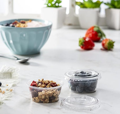 (3.25 oz - 100 Sets) Clear Diposable Plastic Portion Cups With Lids, Small Mini Containers For Portion Controll, Jello Shots, Meal Prep, Sauce Cups, Slime, Condiments, Medicine, Dressings,