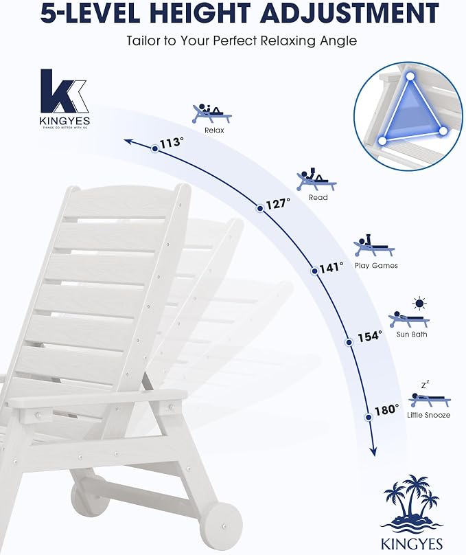 KINGYES HDPE Lounge Chair Outdoor Set of 2, Patio Chaise Lounge Recliner - Image 3