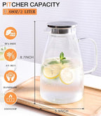 Glass Pitcher with Lid, 2 Liter 68oz Water Pitcher with Handle and Spout for Fridge, Borosilicate Glass for Iced Tea, Juice, Sangria, Cold/Hot Beverage, Large Jug with 2 Silicone Rings