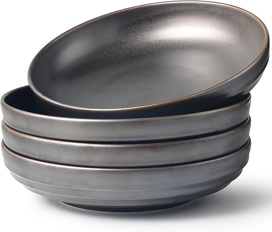 HAPPY KIT Stoneware Pasta Bowls 9'', Set of 4, 42 Oz, Reactive Glaze Large Salad Bowls, Ceramic Serving Bowls for Fruit,Soup,Noodle, Dinner, Scratch Resistant, Bronze Gray