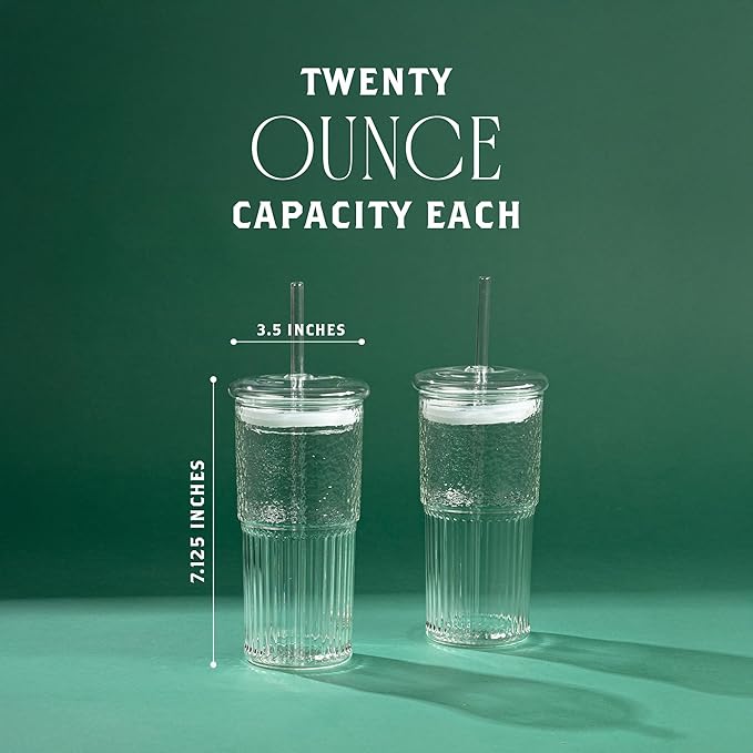 Glass Cups with Lids & Glass Straws, 20 Ounce High Borosilicate Iced Coffee Tumbler 2 Pack