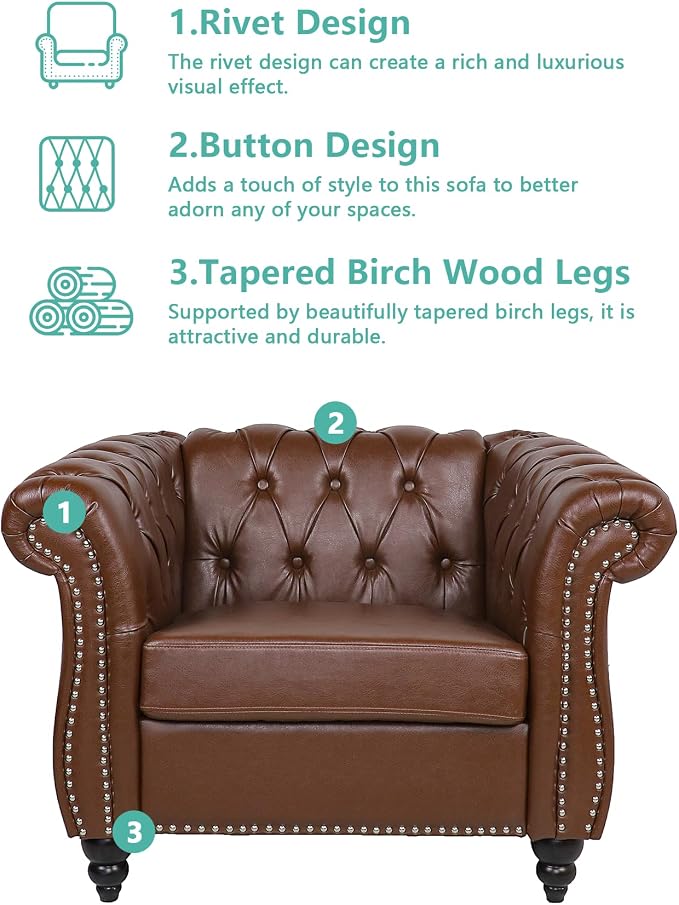 Living Room Chair, Modern Leather Chesterfield Sofa Chair, Mid Century Single - Image 6