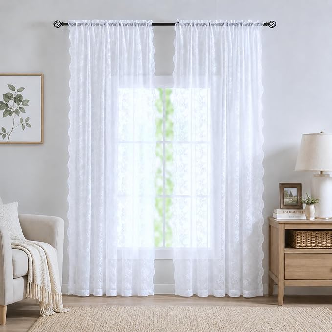 YJ YANJUN Vintage Lace Curtains 72 Inches Long Brilliant White 2 Panels | - Image 4