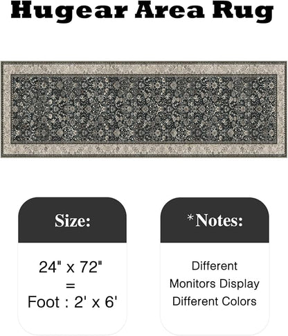 2x6 Black Beige Vintage Floral Washable Runner Rug - Image 2