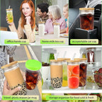 4-Pack 24oz Glass Cups with Lids and Straws - Wide Mouth Mason Jars, 12 Lids (Bamboo/Plastic) & 8 Straws - Reusable Tumblers for Smoothies, Iced Coffee