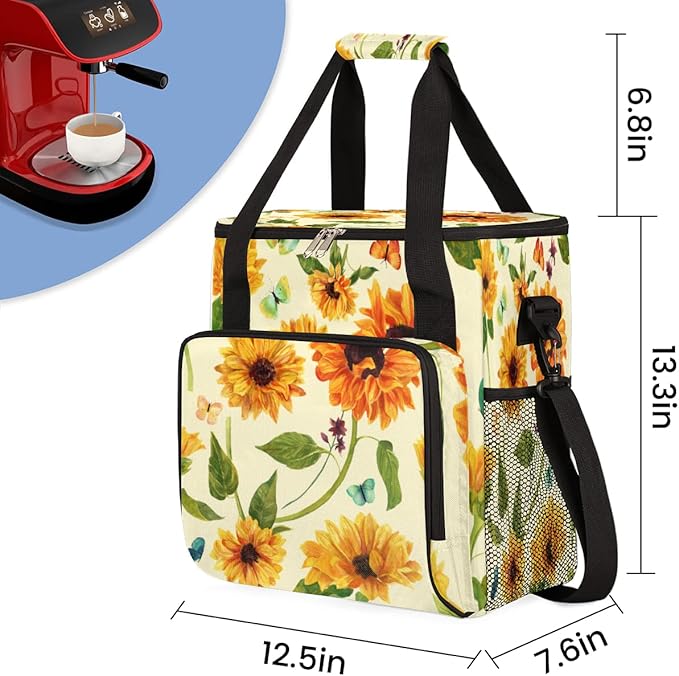 Sunflower Coffee Maker Carring Bag Flower Leaves Travel Storage Tote Bag Compatible with Keurig K-Mini or K-Mini Plus Portable Single Serve Coffee Brewer Case with Pockets for K-cup Pods