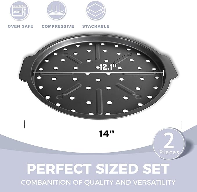 HONGBAKE 2 Pack Pizza Pan with Holes 12 Inch, Nonstick Pizza Tray for Oven with Widen Handles, Hot Air Pizza Crisper Tin, Round Baking Sheet for Frozen & Homemade Pizza, Grey