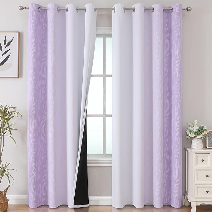 Lilac and Greyish White Ombre Blackout Curtains Living Room 90 Inches Long | by ESTELARTEXTILER