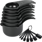 Measuring Cups and Spoons Set 15, 7 Plastic Measuring Cup Spoon Set, 7 Spice Long Handle Measuring Spoons with 1 Leveler for Kitchen and Baking, Dry Metric Measure Cups & Spoons Black
